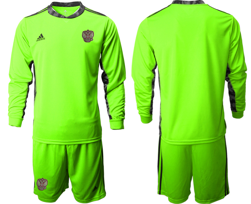 Cheap Men 2021 European Cup Russia fluorescent green goalkeeper long sleeve 2 soccer jerseys